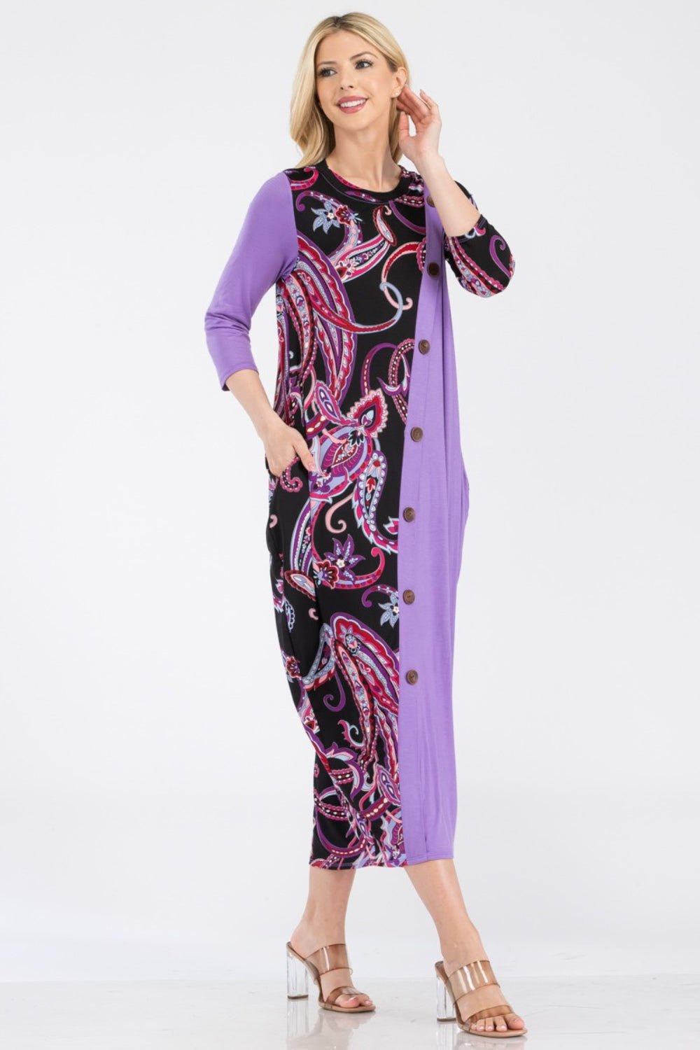 Celeste Full Size Paisley Contrast Midi Dress with Pockets - Bitsy Gypsy Boutique