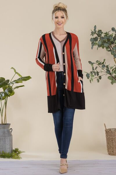 Celeste Full Size Striped Button Up Long Sleeve Cardigan Plus Size - Bitsy Gypsy Boutique