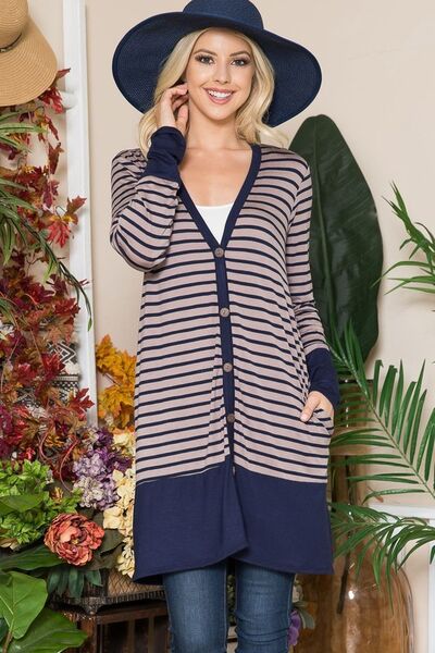 Celeste Full Size Striped Button Up Long Sleeve Cardigan Plus Size - Bitsy Gypsy Boutique