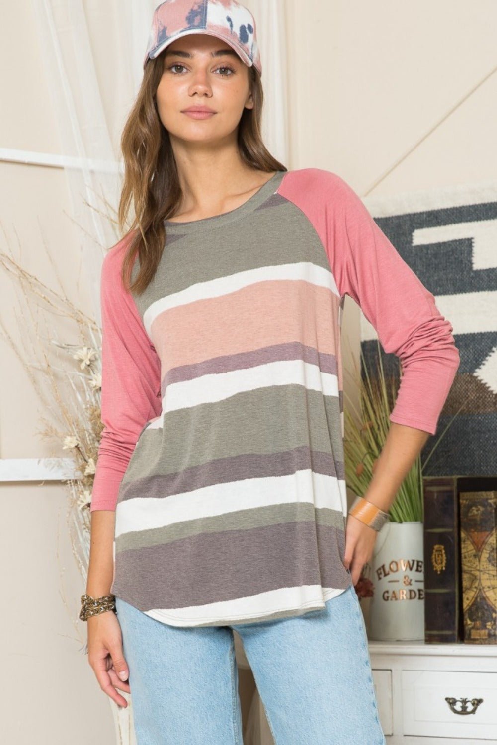 Celeste Full Size Striped Contrast Long Sleeve T-Shirt - Bitsy Gypsy Boutique