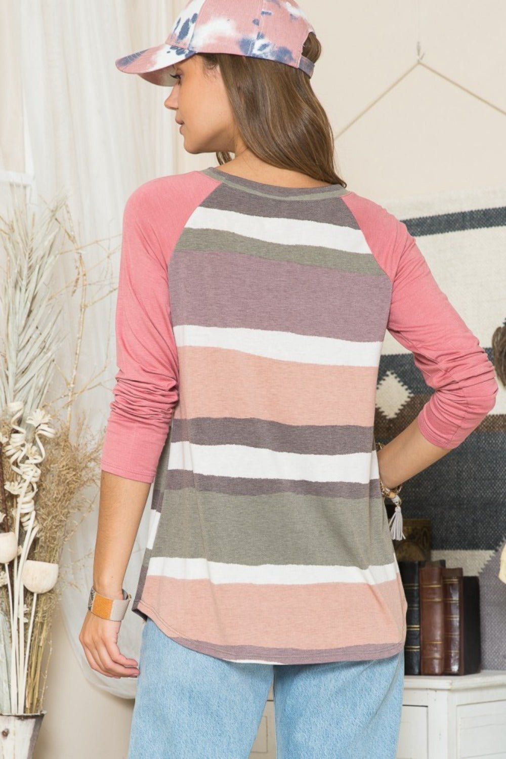 Celeste Full Size Striped Contrast Long Sleeve T-Shirt - Bitsy Gypsy Boutique