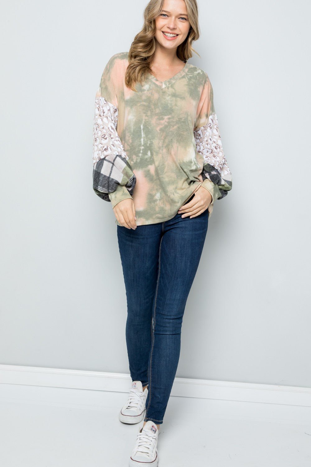 Celeste Full Size Tie - Dye V - Neck Printed Sleeve Blouse - Bitsy Gypsy Boutique