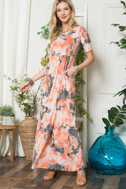 Celeste Paisley Print Short Sleeve Maxi Dress with Pockets - Bitsy Gypsy Boutique