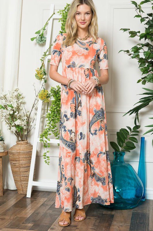 Celeste Paisley Print Short Sleeve Maxi Dress with Pockets - Bitsy Gypsy Boutique