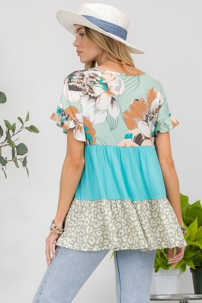 Celeste Printed Color Block Ruffled Short Sleeve Top - Bitsy Gypsy Boutique