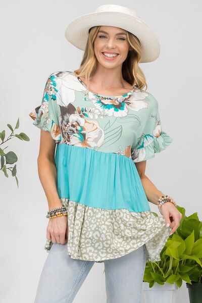 Celeste Printed Color Block Ruffled Short Sleeve Top - Bitsy Gypsy Boutique