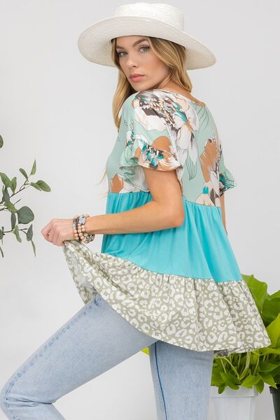 Celeste Printed Color Block Ruffled Short Sleeve Top - Bitsy Gypsy Boutique