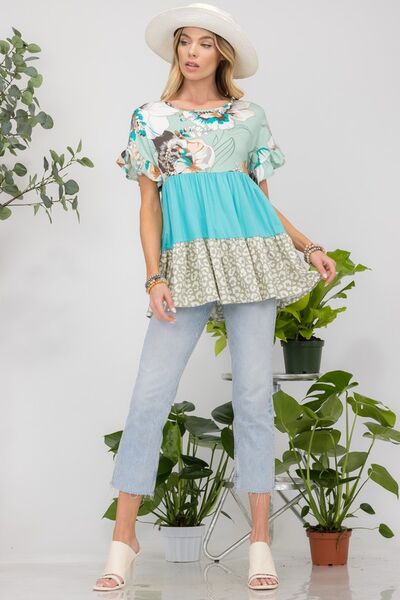 Celeste Printed Color Block Ruffled Short Sleeve Top - Bitsy Gypsy Boutique