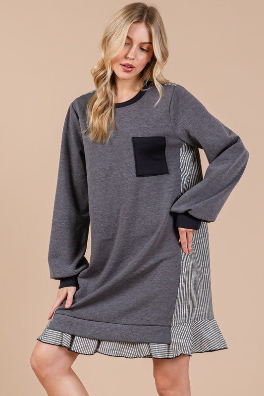 Ces Femme Striped Patchwork Round Neck Terry Sweatshirt Dress - Bitsy Gypsy Boutique