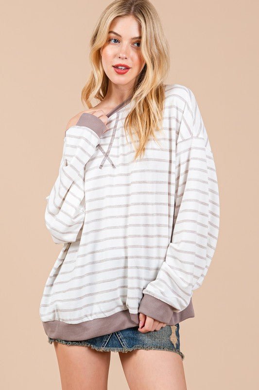 Ces Femme Striped Round Neck Drop Shoulder Sweatshirt - Bitsy Gypsy Boutique