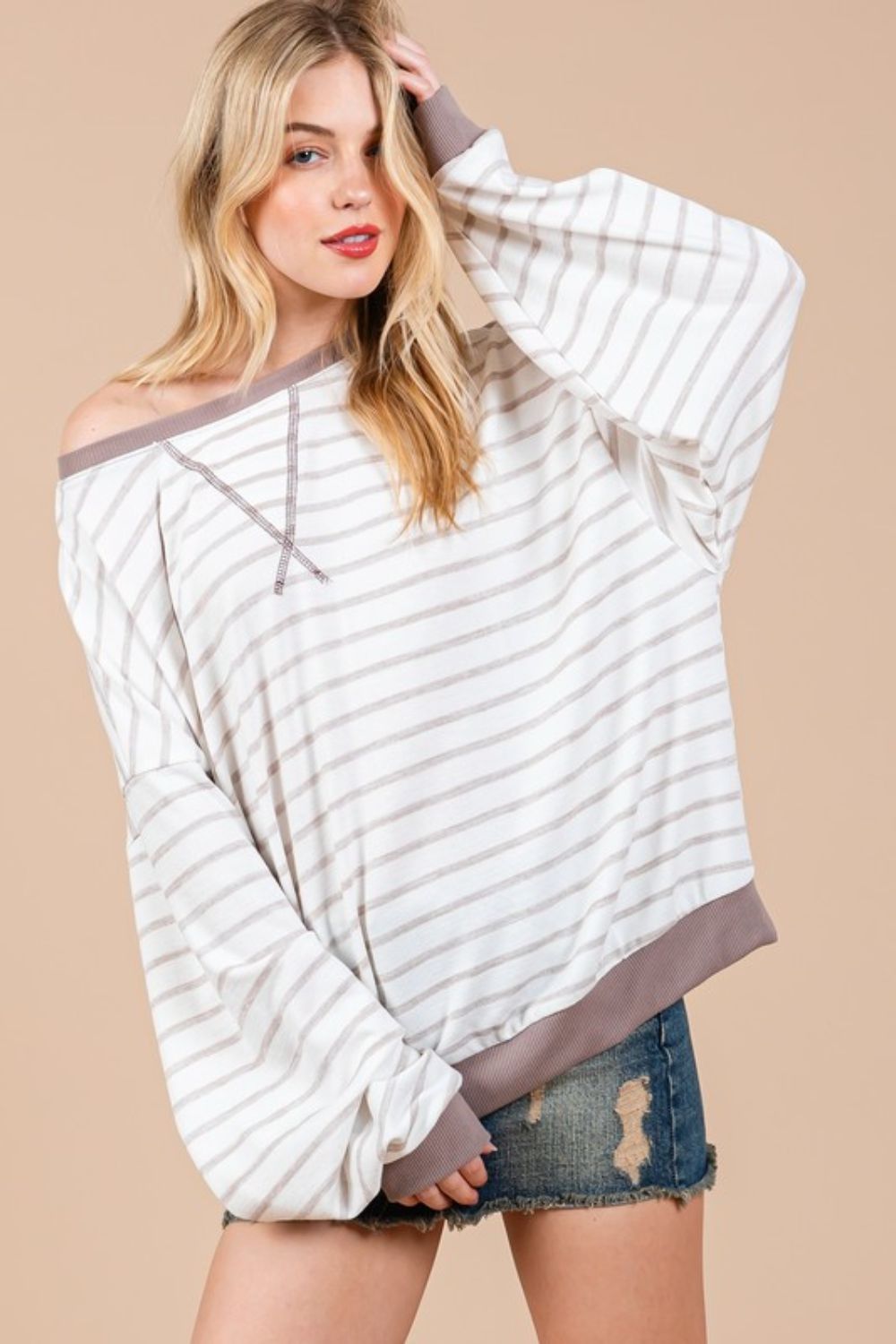 Ces Femme Striped Round Neck Drop Shoulder Sweatshirt - Bitsy Gypsy Boutique