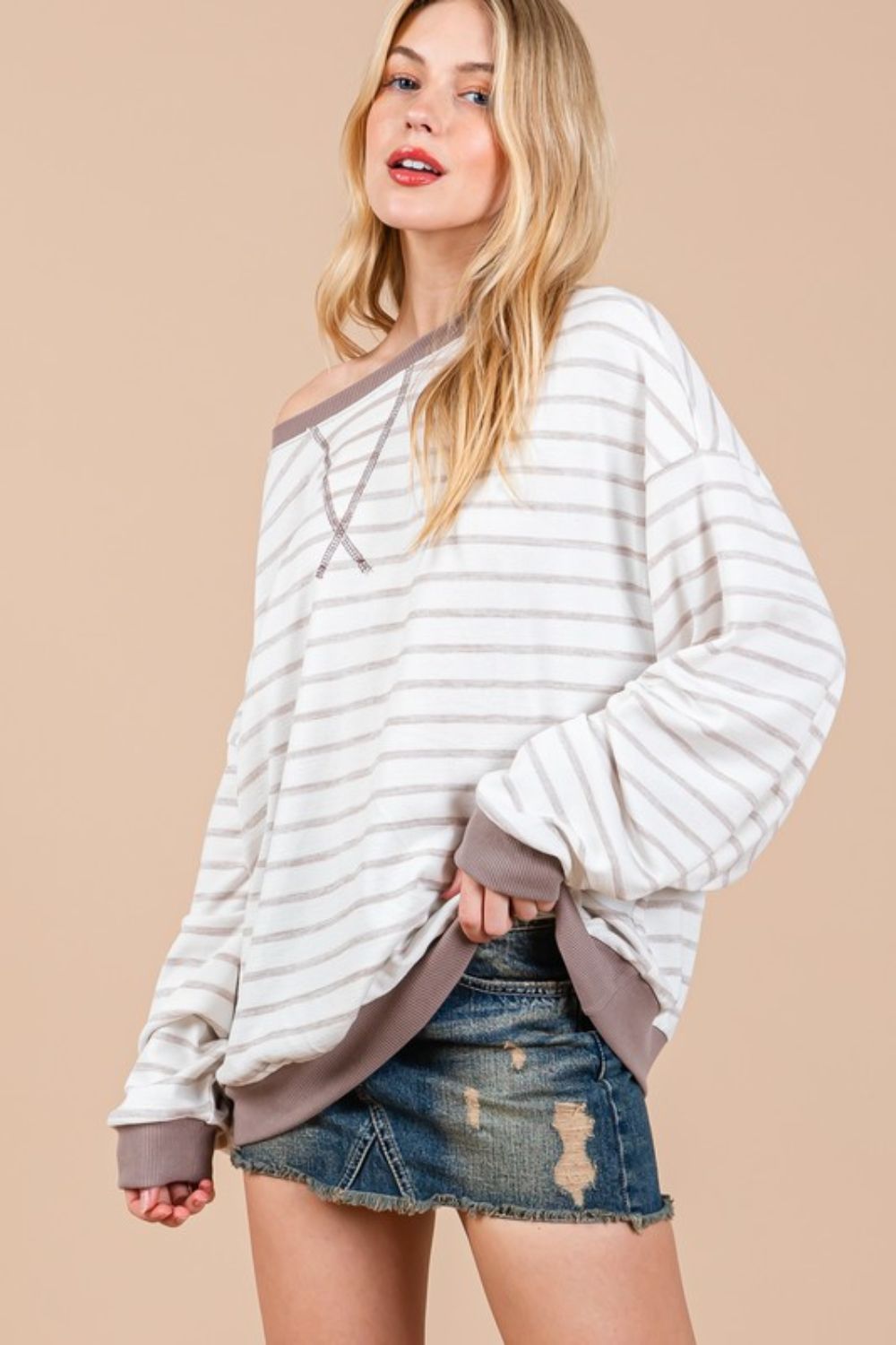 Ces Femme Striped Round Neck Drop Shoulder Sweatshirt - Bitsy Gypsy Boutique