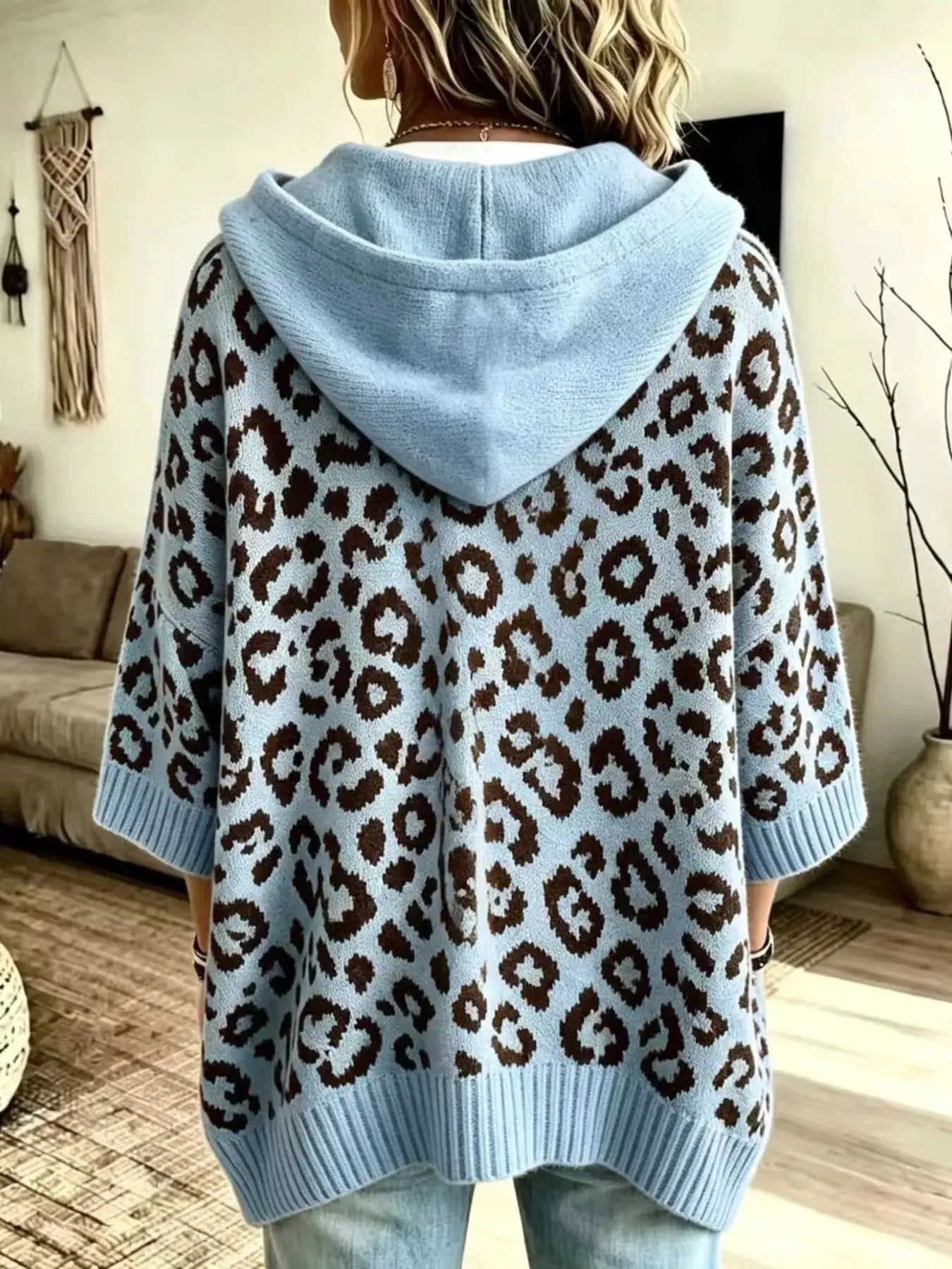 Drawstring Leopard Hooded Sweater by Trendsi