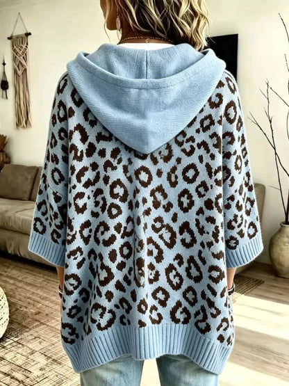 Drawstring Leopard Hooded Sweater by Trendsi