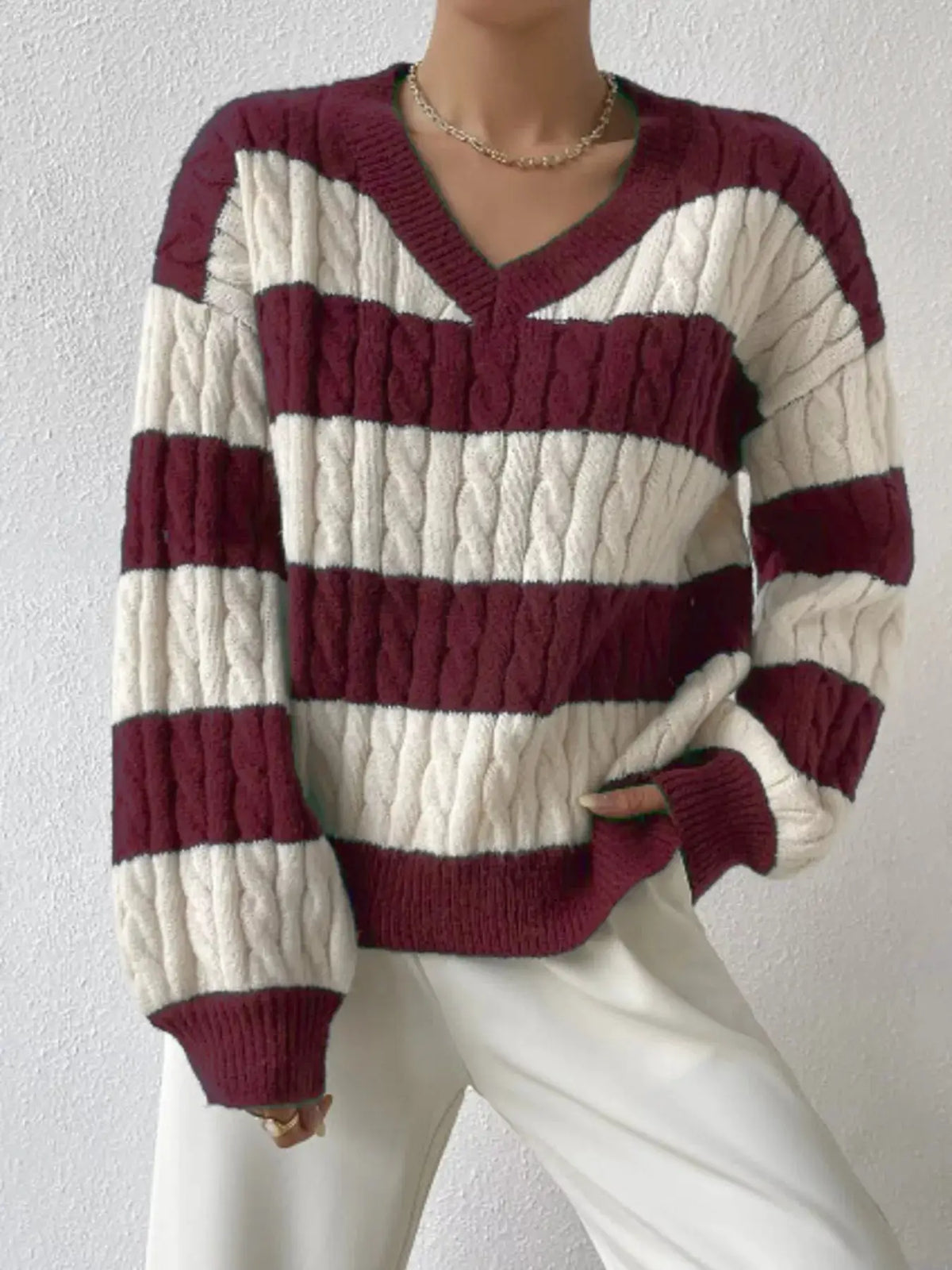 V-Neck Striped Cable Knit Sweater by Trendsi