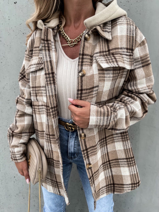 Plaid Button Up Jacket with Removable Hood