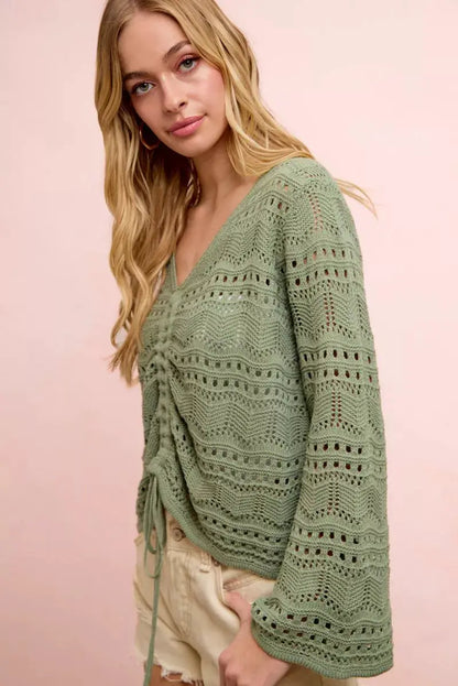 BiBi Pointelle Knit V Neck Ruched Front Lightweight Top by Trendsi