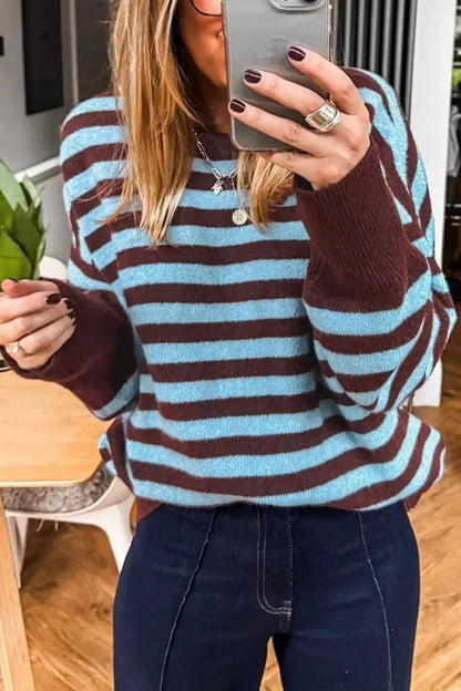 Stripe Color Block Loose Crew Neck Cuffed Sweater by Trendsi