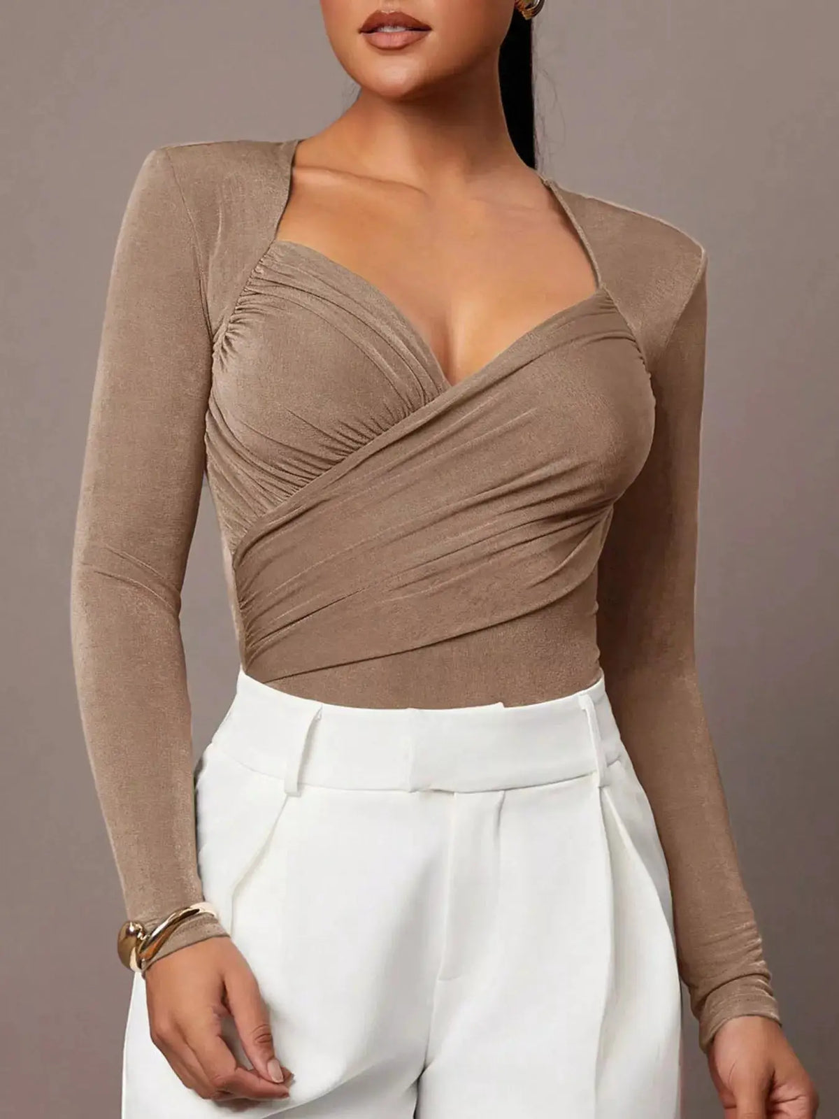 Ruched Surplice Long Sleeve Bodysuit by Trendsi