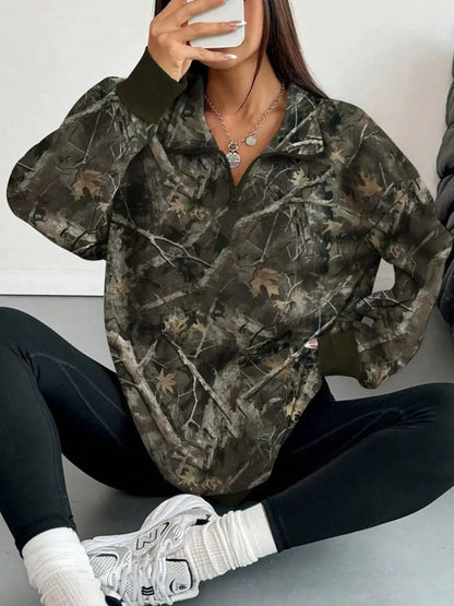 Quarter-Zip Printed Sweatshirt with Ribbed Cuffs by Trendsi