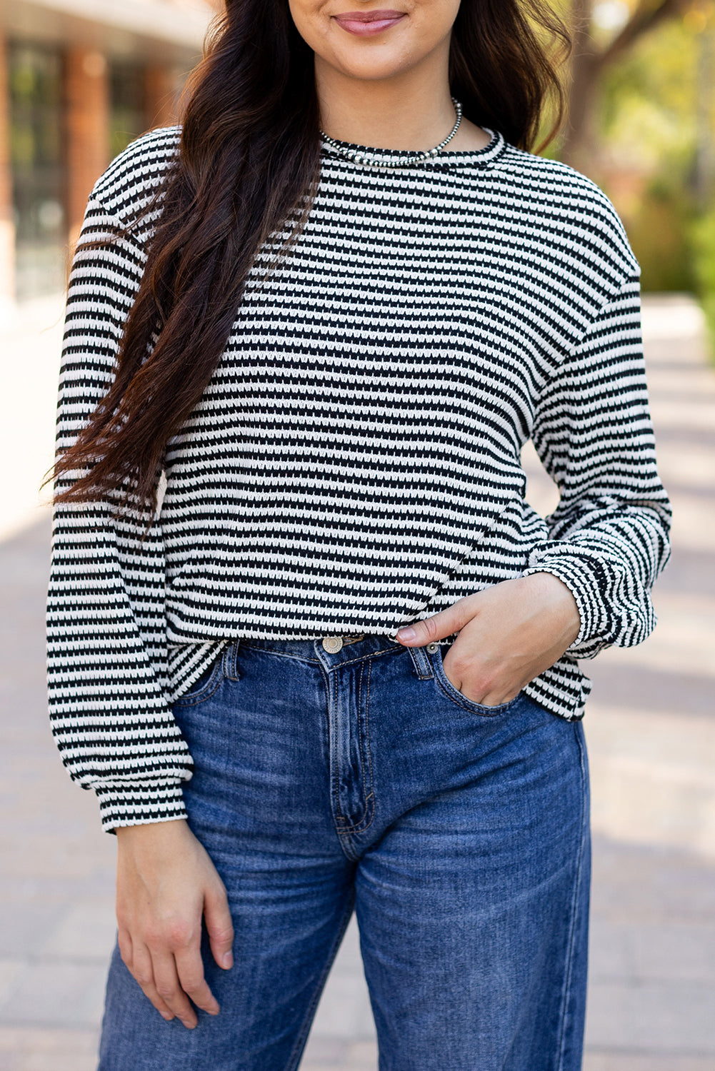 Khaki Stripe Round Neck Drop Shoulder Long Sleeve Top