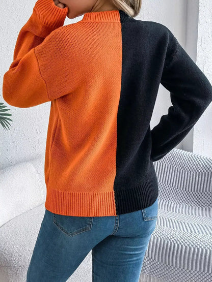 Pumpkin Face Graphic Two Tone Sweater by Trendsi