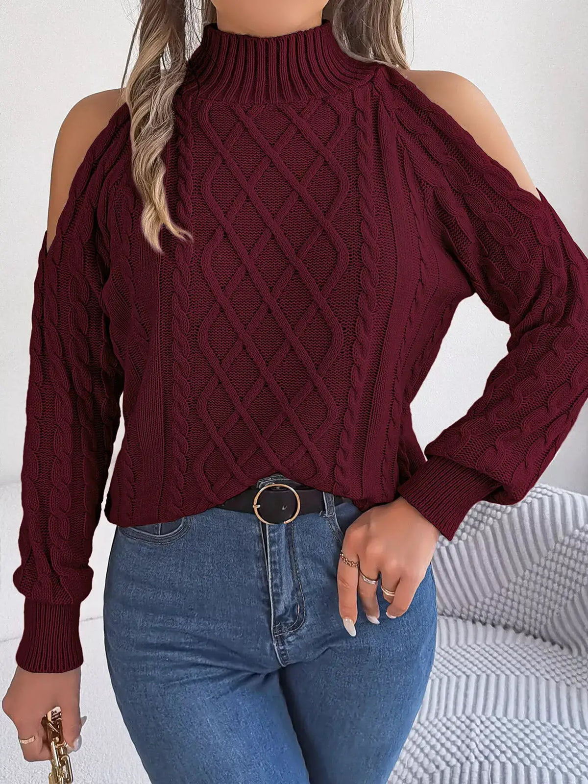 Cold-Shoulder Cable Knit Sweater by Trendsi