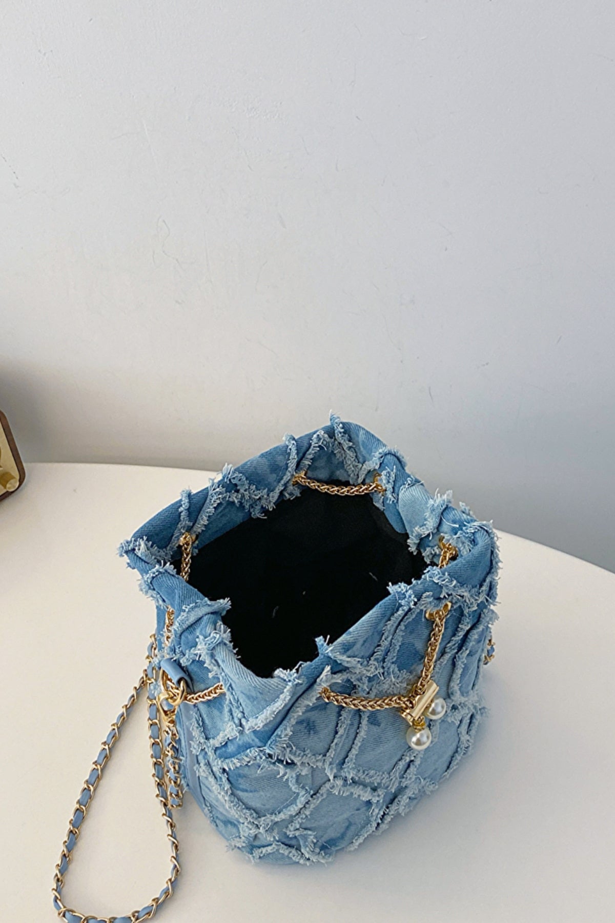 Chain Drawstring Raw Edge Denim Bucket Bag - Bitsy Gypsy Boutique