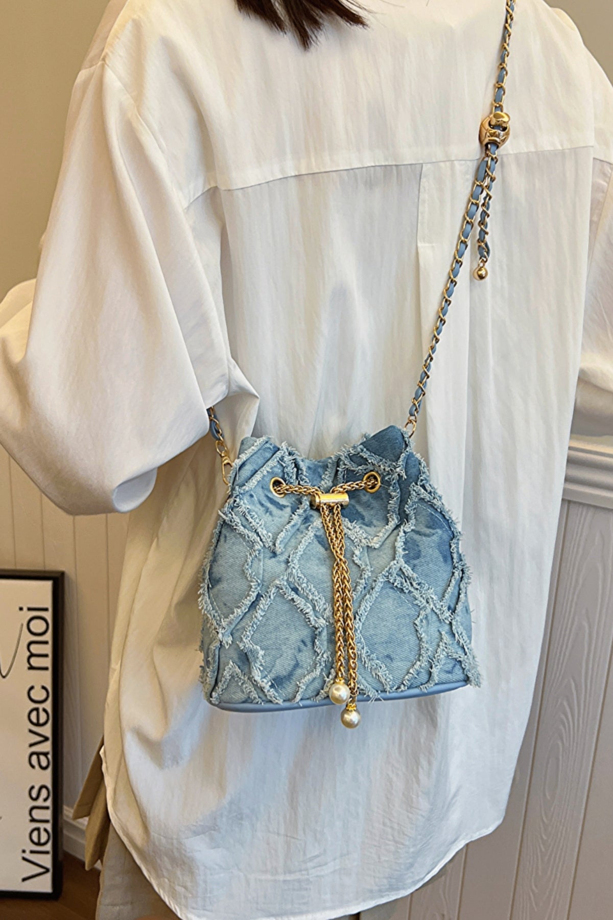 Chain Drawstring Raw Edge Denim Bucket Bag - Bitsy Gypsy Boutique