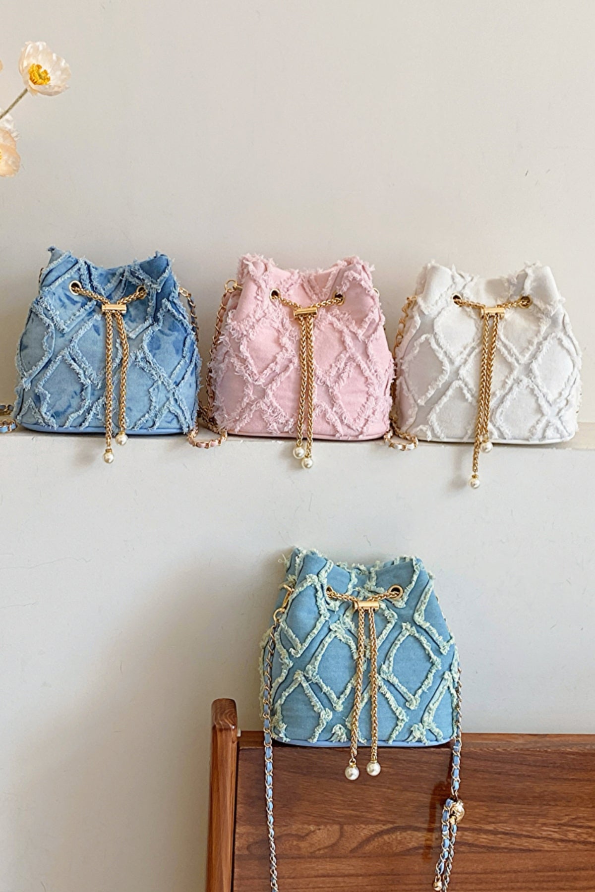 Chain Drawstring Raw Edge Denim Bucket Bag - Bitsy Gypsy Boutique