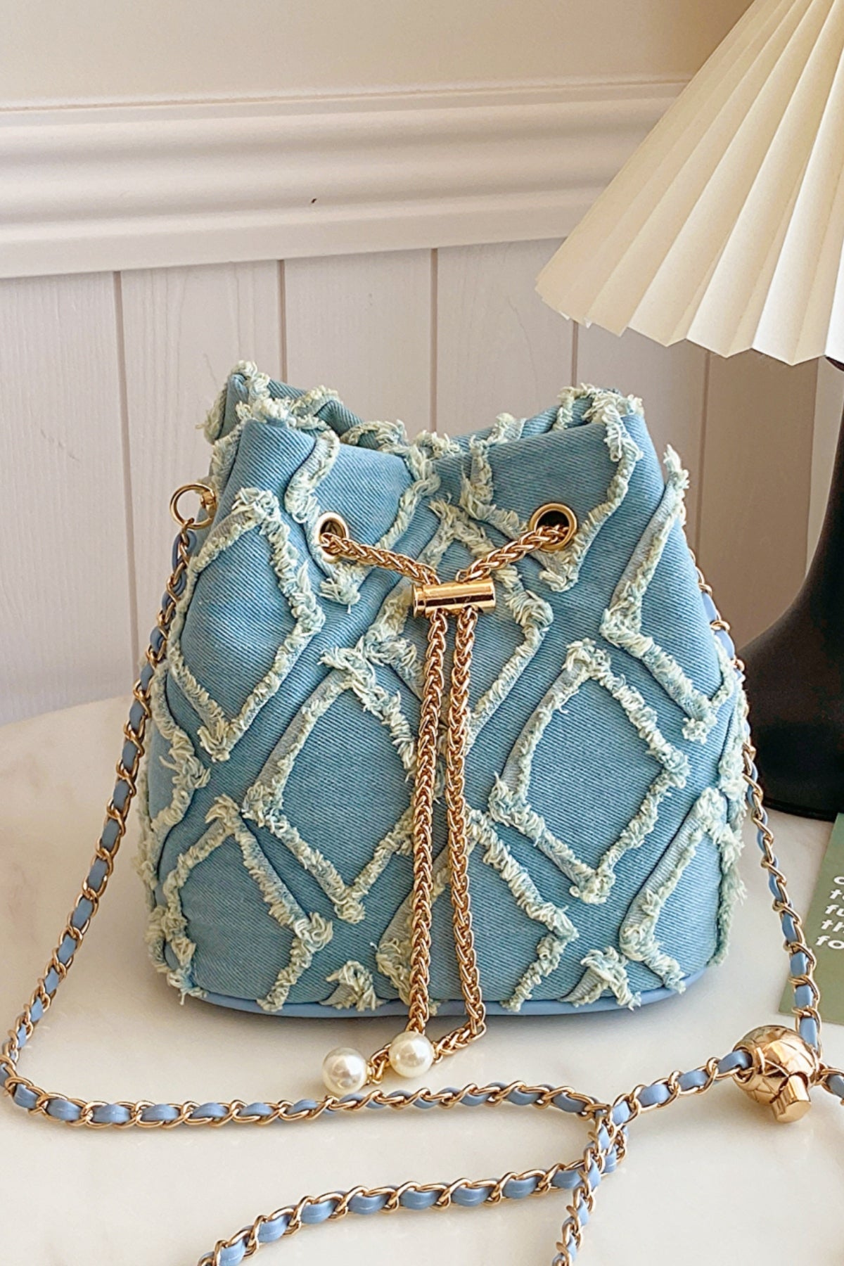 Chain Drawstring Raw Edge Denim Bucket Bag - Bitsy Gypsy Boutique