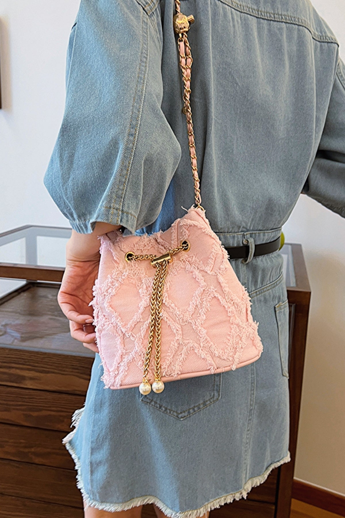 Chain Drawstring Raw Edge Denim Bucket Bag - Bitsy Gypsy Boutique