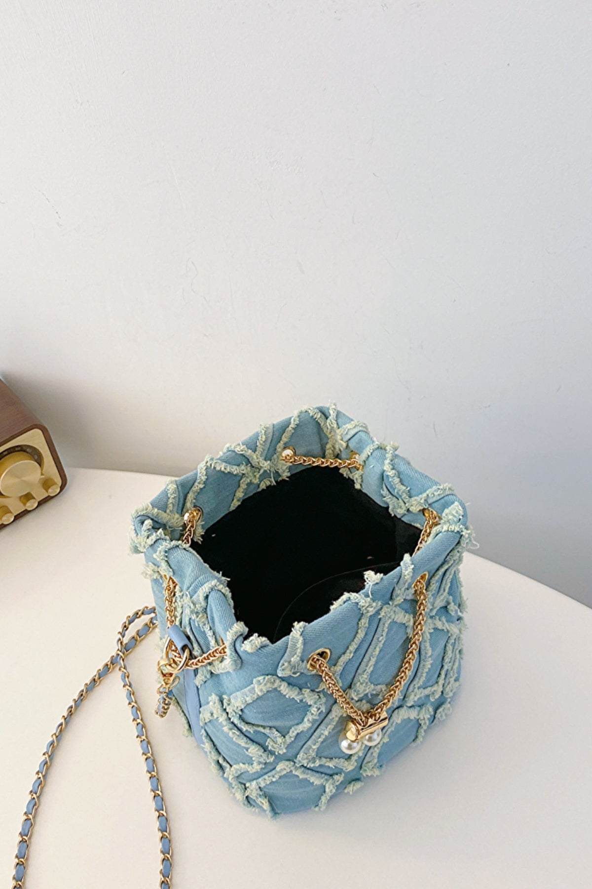 Chain Drawstring Raw Edge Denim Bucket Bag - Bitsy Gypsy Boutique