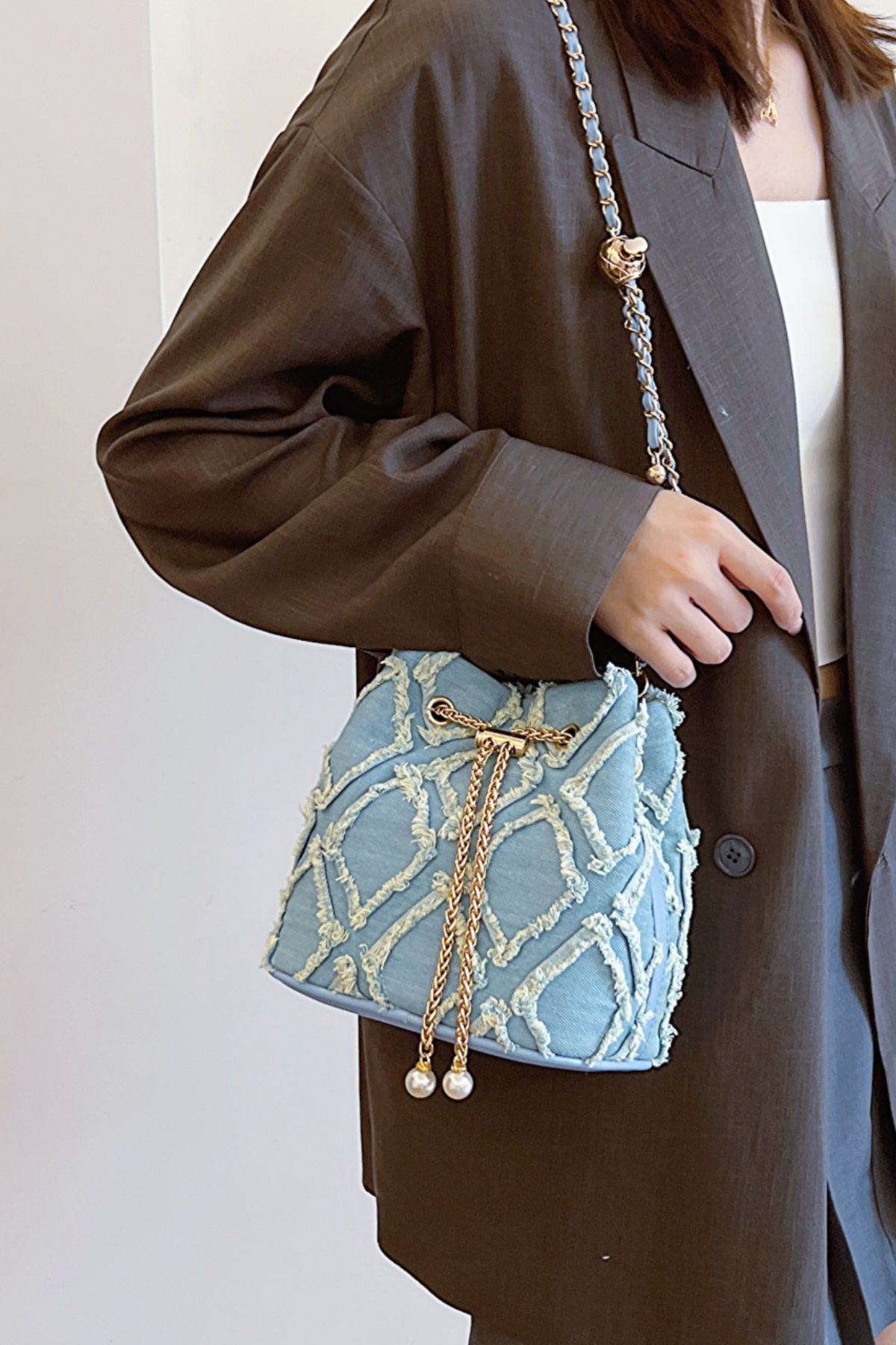 Chain Drawstring Raw Edge Denim Bucket Bag - Bitsy Gypsy Boutique