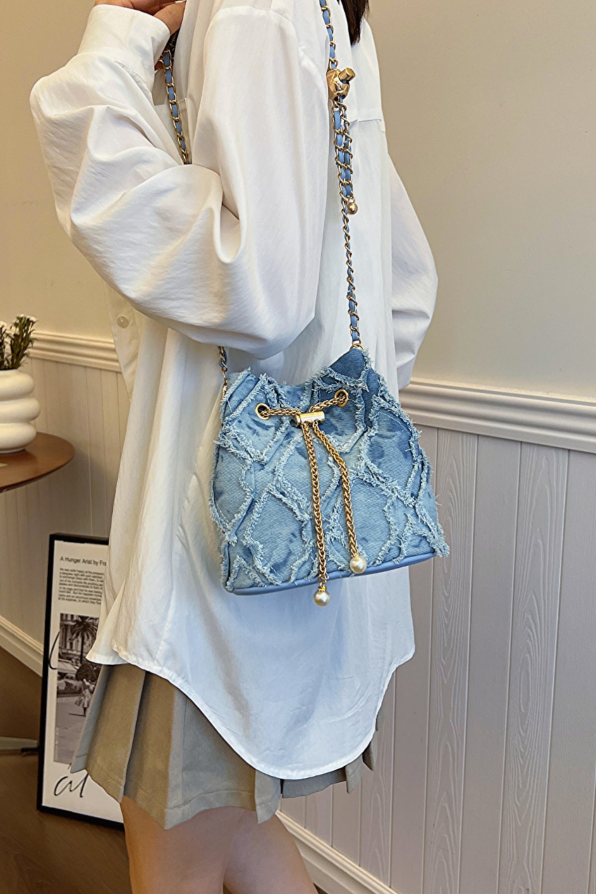 Chain Drawstring Raw Edge Denim Bucket Bag - Bitsy Gypsy Boutique