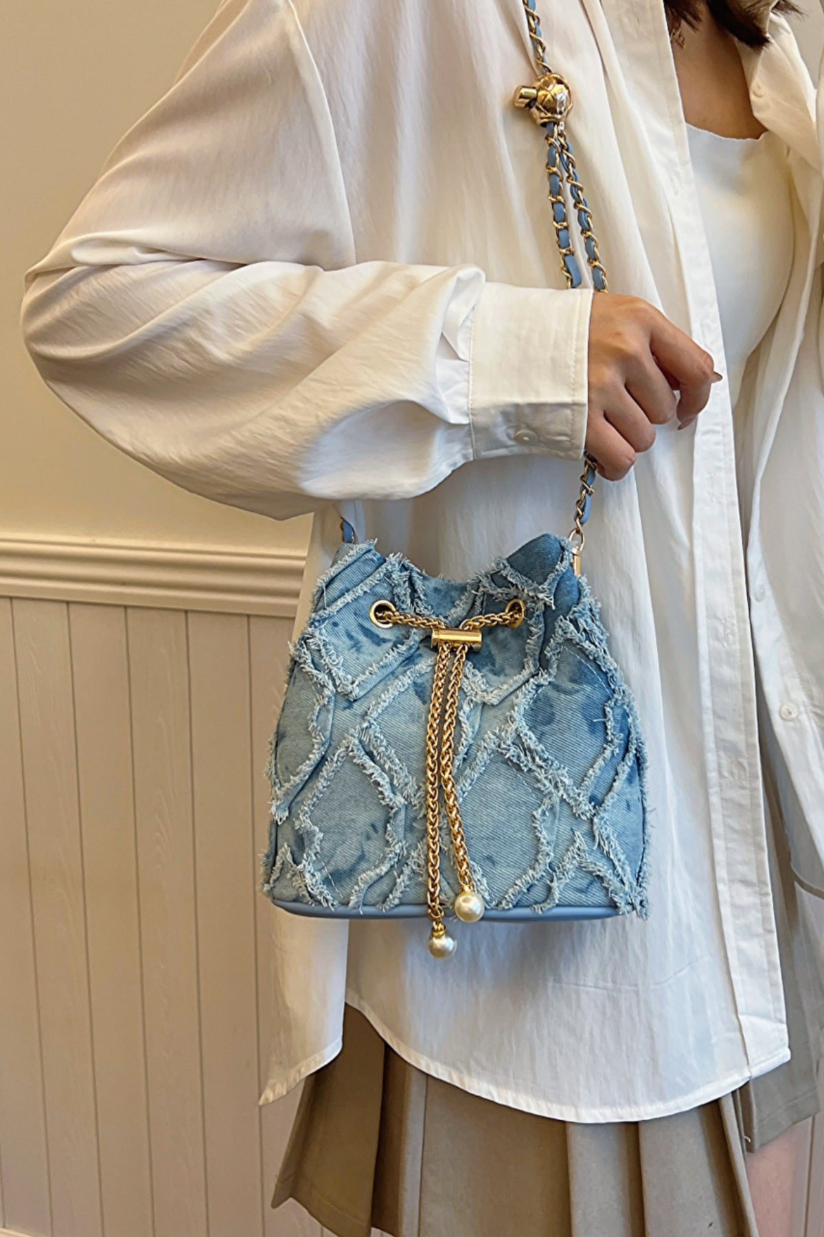 Chain Drawstring Raw Edge Denim Bucket Bag - Bitsy Gypsy Boutique