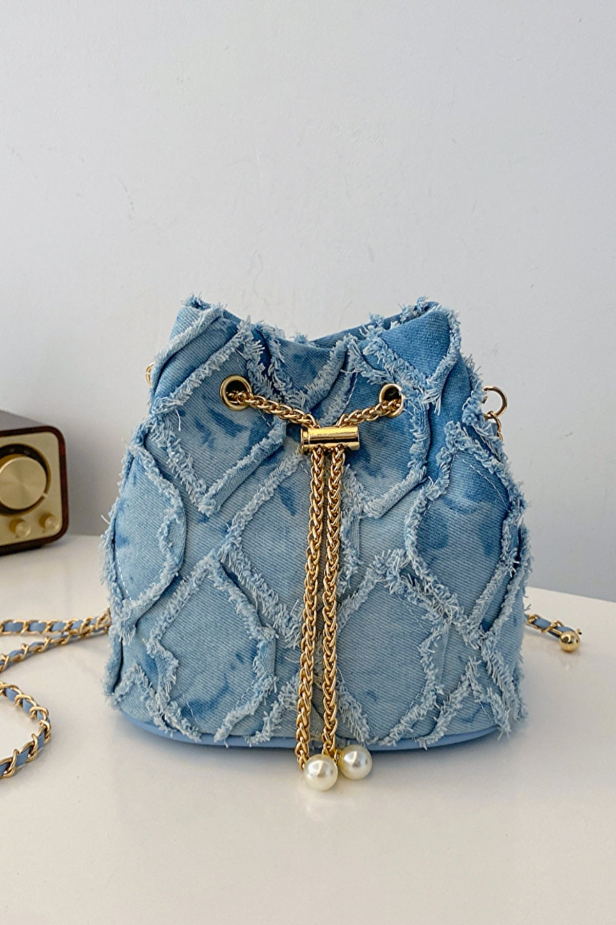 Chain Drawstring Raw Edge Denim Bucket Bag - Bitsy Gypsy Boutique