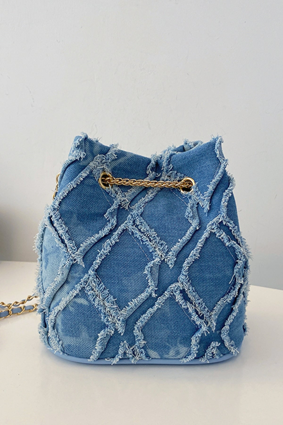 Chain Drawstring Raw Edge Denim Bucket Bag - Bitsy Gypsy Boutique