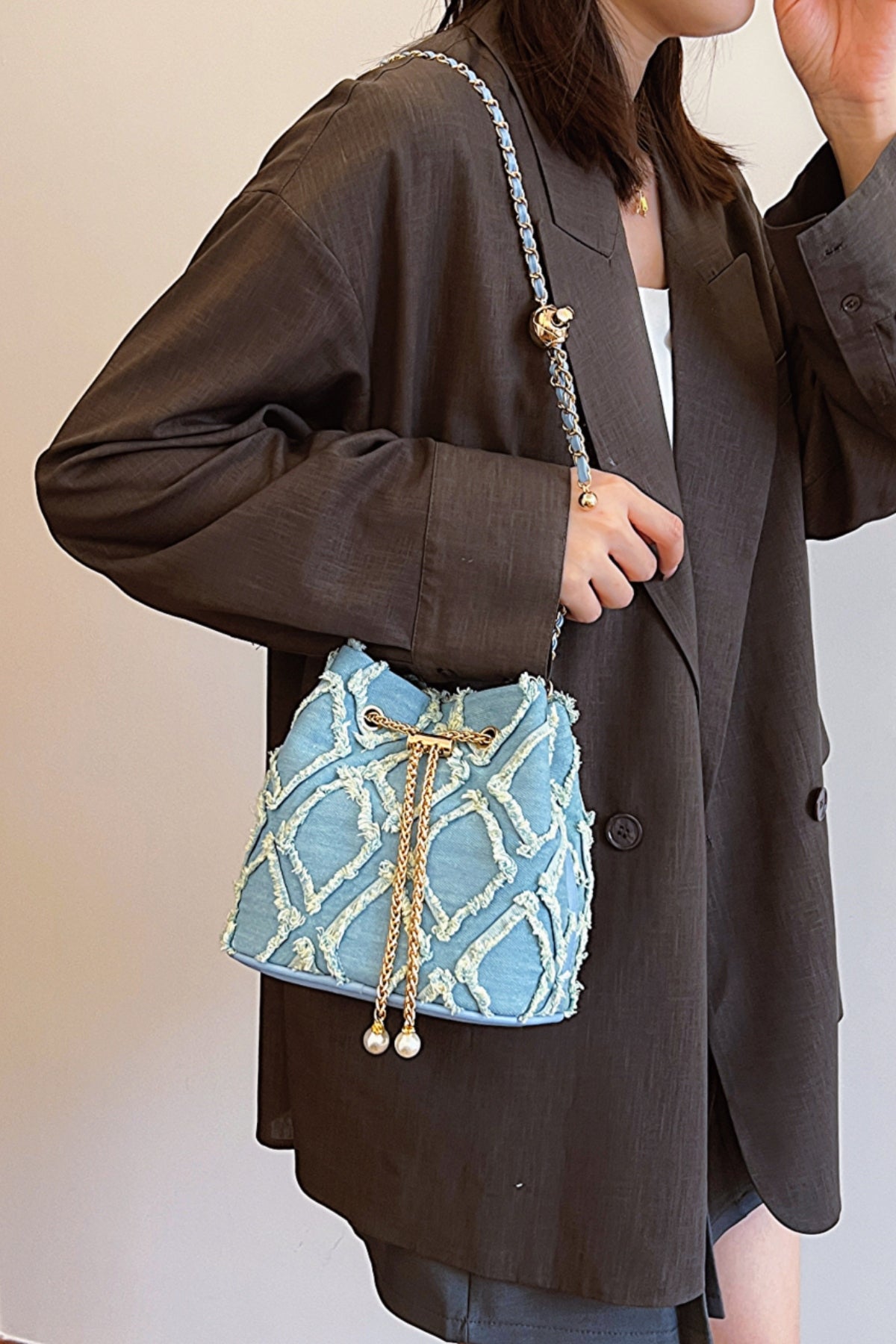 Chain Drawstring Raw Edge Denim Bucket Bag - Bitsy Gypsy Boutique