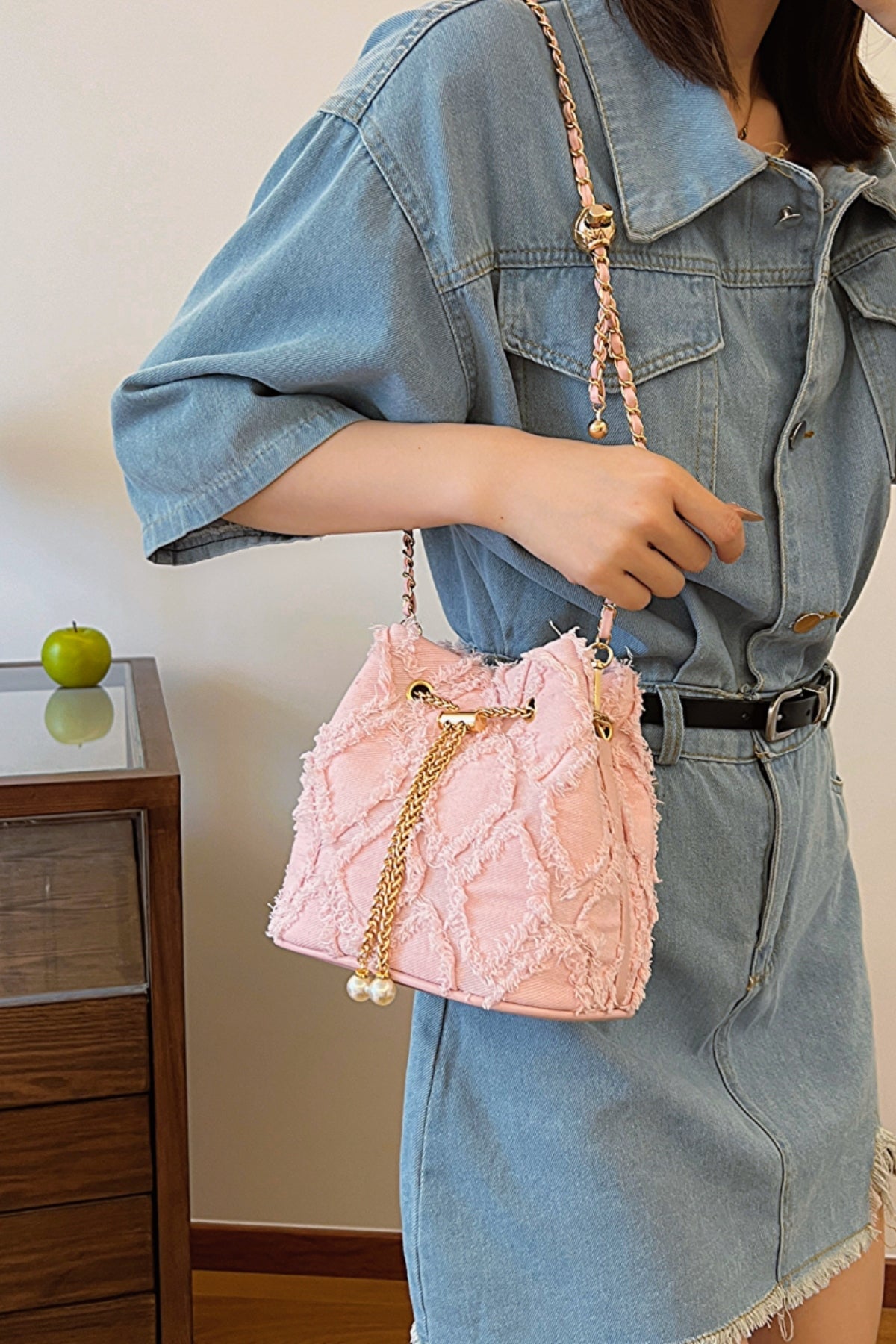 Chain Drawstring Raw Edge Denim Bucket Bag - Bitsy Gypsy Boutique