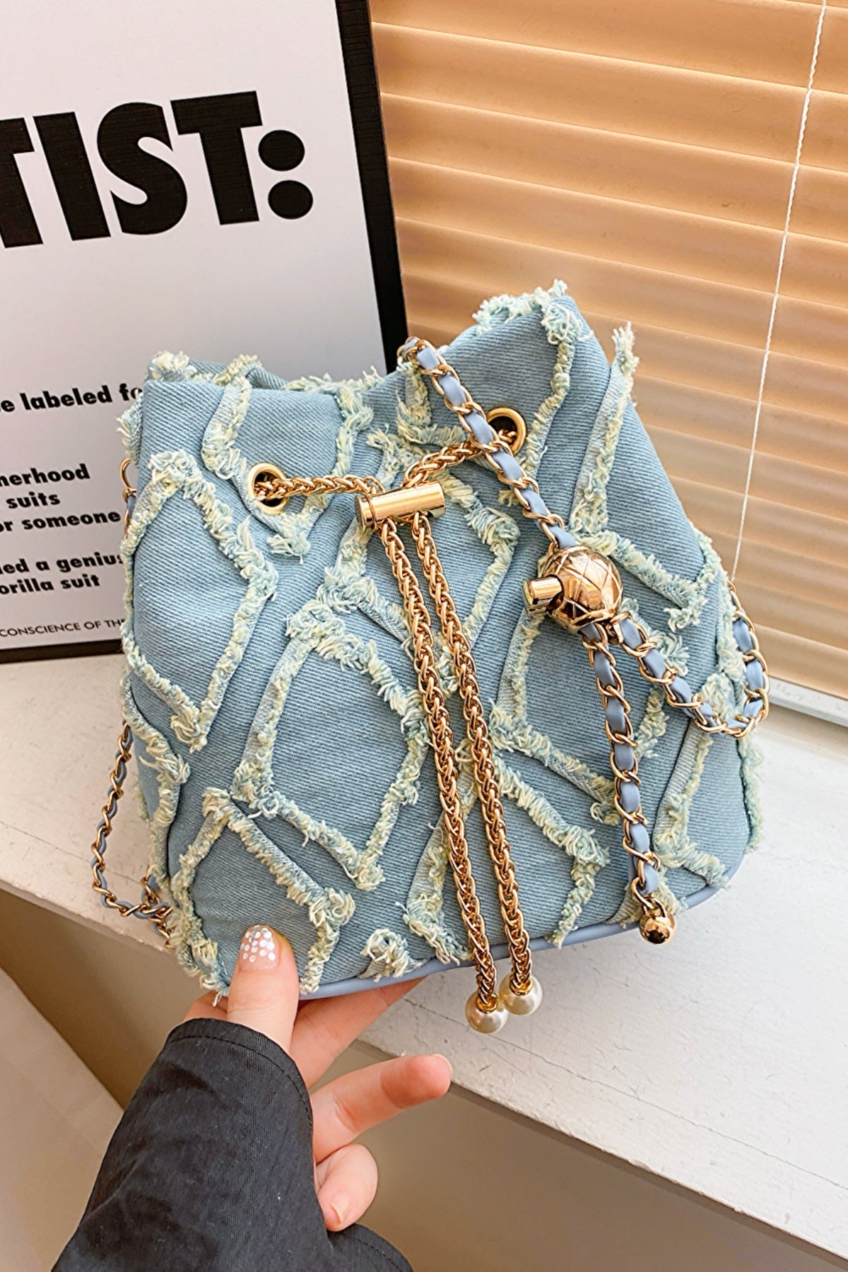 Chain Drawstring Raw Edge Denim Bucket Bag - Bitsy Gypsy Boutique