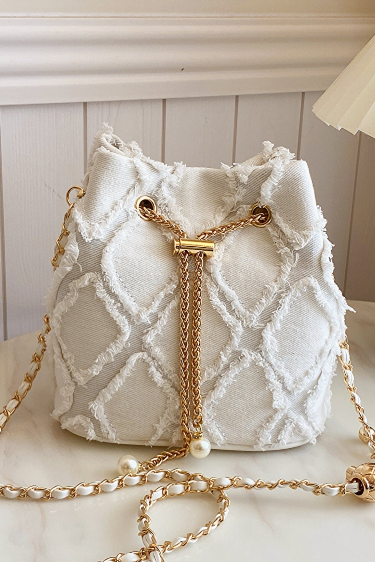 Chain Drawstring Raw Edge Denim Bucket Bag - Bitsy Gypsy Boutique