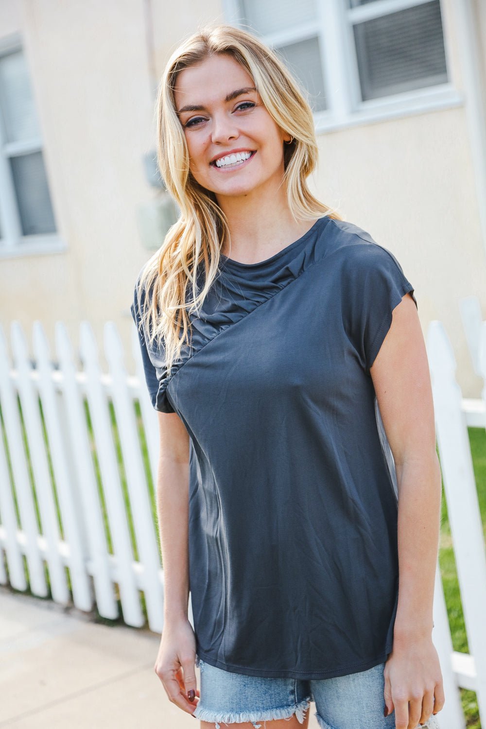 Charming In Charcoal Asymmetrical Shirred Modal Top - Bitsy Gypsy Boutique