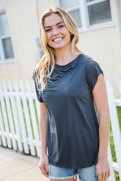 Charming In Charcoal Asymmetrical Shirred Modal Top - Bitsy Gypsy Boutique