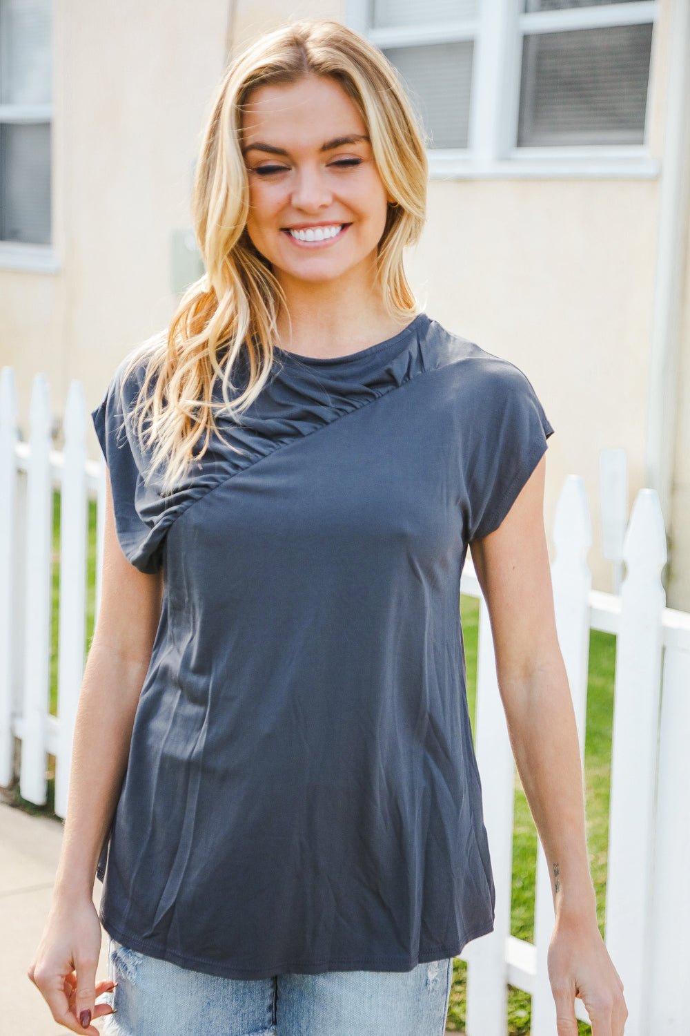 Charming In Charcoal Asymmetrical Shirred Modal Top - Bitsy Gypsy Boutique