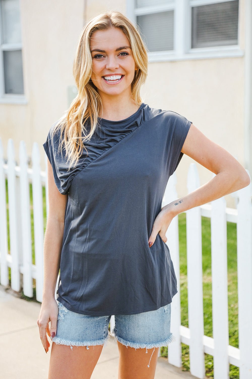 Charming In Charcoal Asymmetrical Shirred Modal Top - Bitsy Gypsy Boutique