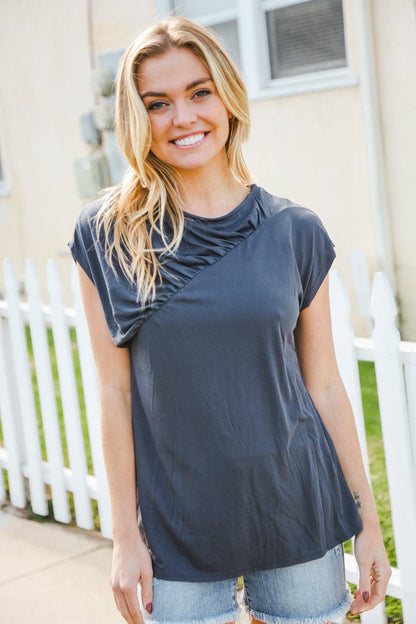 Charming In Charcoal Asymmetrical Shirred Modal Top - Bitsy Gypsy Boutique