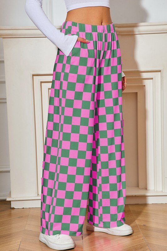 Checked Print High Waist Wide Leg Pants - Bitsy Gypsy Boutique