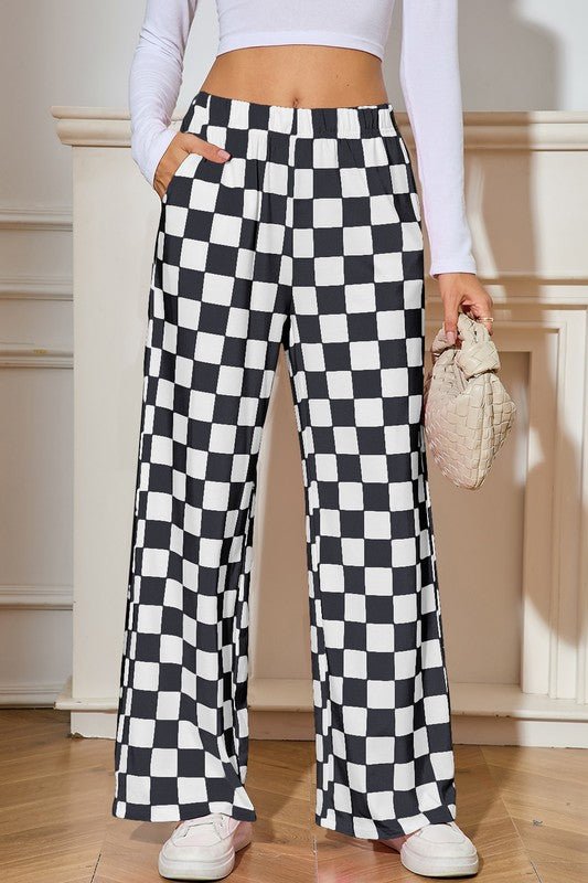 Checked Print High Waist Wide Leg Pants - Bitsy Gypsy Boutique