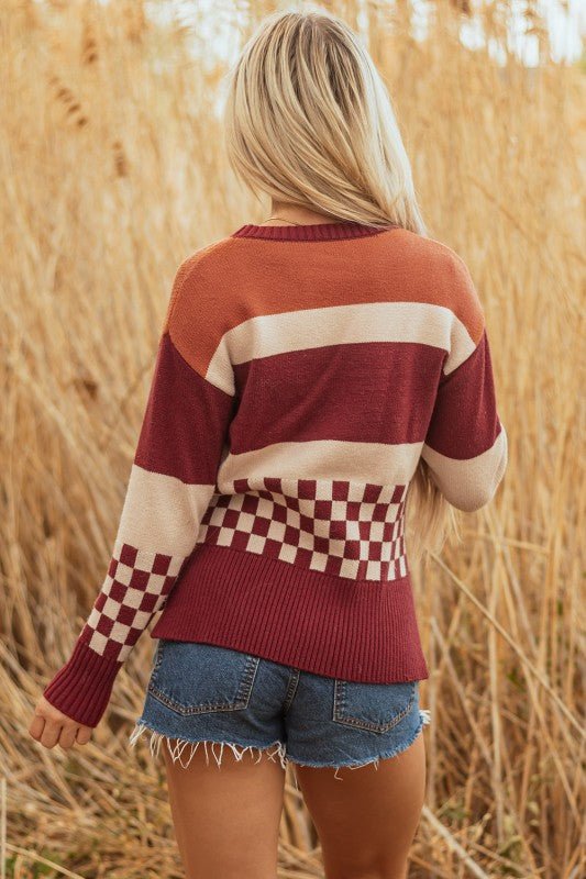 Checker Colorblock Knitted Drop Shoulder Sweater - Bitsy Gypsy Boutique